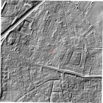 Shaded relief map of the ground around DN31PE, computed from Environment Agency LiDAR. The ground here sits at about 9 m above sea level and falls 6 m across the surrounding 800 m. Surface water reaching this point runs off ground lying to the east-south-east, 2.7 m higher.