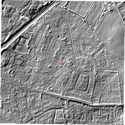 Shaded relief map of the ground around DN31PF, computed from Environment Agency LiDAR. The ground here sits at about 9 m above sea level and falls 7 m across the surrounding 800 m. Surface water reaching this point runs off ground lying to the south-east, 1.4 m higher.