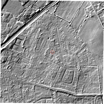 Shaded relief map of the ground around DN31PG, computed from Environment Agency LiDAR. The ground here sits at about 9 m above sea level and falls 7 m across the surrounding 800 m. Surface water reaching this point runs off ground lying to the south-east, 1.7 m higher.