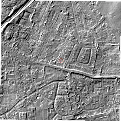 Shaded relief map of the ground around DN31PJ, computed from Environment Agency LiDAR. The ground here sits at about 9 m above sea level and falls 7 m across the surrounding 800 m. Surface water reaching this point runs off ground lying to the east-south-east, 2.6 m higher.