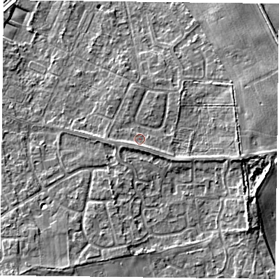 Shaded relief map of the ground around DN31PL, computed from Environment Agency LiDAR. The ground here sits at about 10 m above sea level and falls 8 m across the surrounding 800 m. Surface water reaching this point runs off ground lying to the east-south-east, 2.4 m higher.