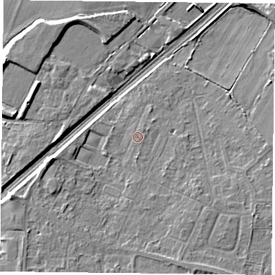 Shaded relief map of the ground around DN31PQ, computed from Environment Agency LiDAR. The ground here sits at about 8 m above sea level and falls 7 m across the surrounding 800 m. Surface water reaching this point runs off ground lying to the east-south-east, 0.6 m higher.