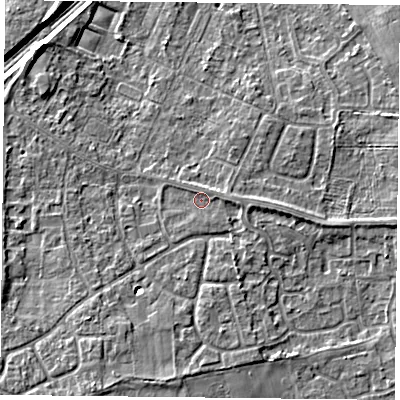Shaded relief map of the ground around DN31PY, computed from Environment Agency LiDAR. The ground here sits at about 9 m above sea level and falls 7 m across the surrounding 800 m. Surface water reaching this point runs off ground lying to the south-south-west, 3.6 m higher.
