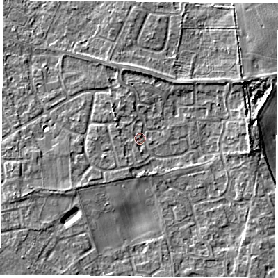 Shaded relief map of the ground around DN31QA, computed from Environment Agency LiDAR. The ground here sits at about 10 m above sea level and falls 5 m across the surrounding 800 m. Surface water reaching this point runs off ground lying to the east, 3.7 m higher.