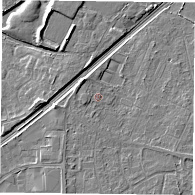Shaded relief map of the ground around DN31QF, computed from Environment Agency LiDAR. The ground here sits at about 9 m above sea level and falls 8 m across the surrounding 800 m. Surface water reaching this point runs off ground lying to the west-south-west, 2.5 m higher.
