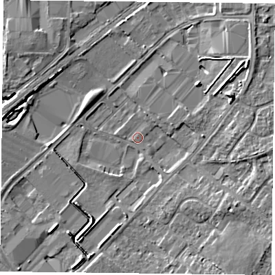 Shaded relief map of the ground around DN31QL, computed from Environment Agency LiDAR. The ground here sits at about 7 m above sea level and falls 8 m across the surrounding 800 m. Surface water reaching this point runs off ground lying to the south-east, 4.8 m higher.