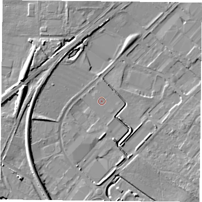 Shaded relief map of the ground around DN31QR, computed from Environment Agency LiDAR. The ground here sits at about 7 m above sea level and falls 11 m across the surrounding 800 m. Surface water reaching this point runs off ground lying to the south-west, 1.3 m higher.