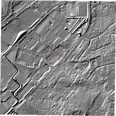 Shaded relief map of the ground around DN31QS, computed from Environment Agency LiDAR. The ground here sits at about 7 m above sea level and falls 7 m across the surrounding 800 m. Surface water reaching this point runs off ground lying to the east, 5.8 m higher.