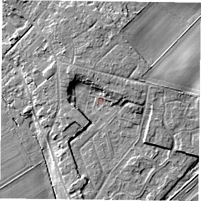 Shaded relief map of the ground around DN31QW, computed from Environment Agency LiDAR. The ground here sits at about 8 m above sea level and falls 8 m across the surrounding 800 m. Surface water reaching this point runs off ground lying to the north-north-west, 4.8 m higher.
