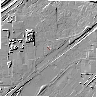 Shaded relief map of the ground around DN31RA, computed from Environment Agency LiDAR. The ground here sits at about 8 m above sea level and falls 12 m across the surrounding 800 m. Surface water reaching this point runs off ground lying to the east-south-east, 0.7 m higher.
