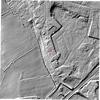 Shaded relief map of the ground around DN31RQ, computed from Environment Agency LiDAR. The ground here sits at about 9 m above sea level and falls 8 m across the surrounding 800 m. Surface water reaching this point runs off ground lying to the south-east, 1.7 m higher.