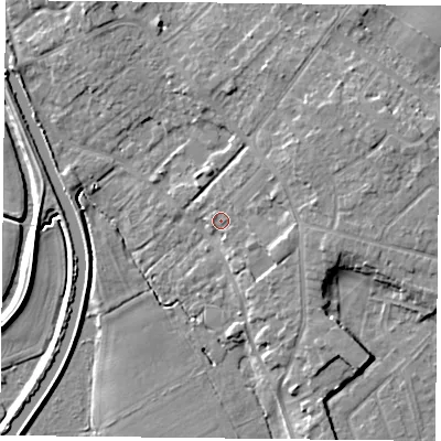 Shaded relief map of the ground around DN31RS, computed from Environment Agency LiDAR. The ground here sits at about 8 m above sea level and falls 9 m across the surrounding 800 m. Surface water reaching this point runs off ground lying to the east, 5.0 m higher.