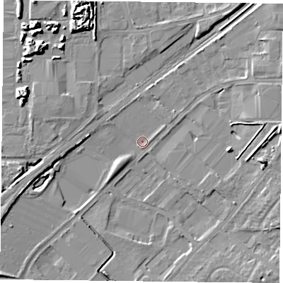 Shaded relief map of the ground around DN31RW, computed from Environment Agency LiDAR. The ground here sits at about 7 m above sea level and falls 10 m across the surrounding 800 m. Surface water reaching this point runs off ground lying to the north, 1.7 m higher.