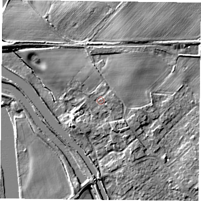 Shaded relief map of the ground around DN31RX, computed from Environment Agency LiDAR. The ground here sits at about 10 m above sea level and falls 8 m across the surrounding 800 m. Surface water reaching this point runs off ground lying to the east, 1.0 m higher.