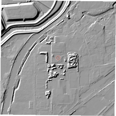 Shaded relief map of the ground around DN31RY, computed from Environment Agency LiDAR. The ground here sits at about 9 m above sea level and falls 15 m across the surrounding 800 m. Surface water reaching this point runs off ground lying to the west-north-west, 1.8 m higher.
