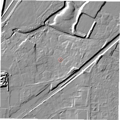 Shaded relief map of the ground around DN31SA, computed from Environment Agency LiDAR. The ground here sits at about 7 m above sea level and falls 10 m across the surrounding 800 m. Surface water reaching this point runs off ground lying to the east-south-east, 4.5 m higher.