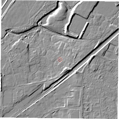 Shaded relief map of the ground around DN31SB, computed from Environment Agency LiDAR. The ground here sits at about 7 m above sea level and falls 8 m across the surrounding 800 m. Surface water reaching this point runs off ground lying to the east, 2.9 m higher.