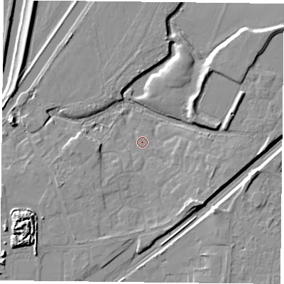 Shaded relief map of the ground around DN31SD, computed from Environment Agency LiDAR. The ground here sits at about 6 m above sea level and falls 11 m across the surrounding 800 m. Surface water reaching this point runs off ground lying to the north-east, 7.6 m higher.