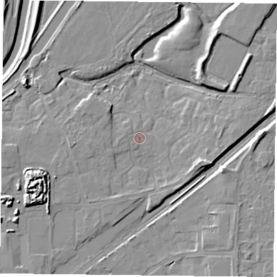 Shaded relief map of the ground around DN31SF, computed from Environment Agency LiDAR. The ground here sits at about 7 m above sea level and falls 11 m across the surrounding 800 m. Surface water reaching this point runs off ground lying to the north-east, 6.5 m higher.