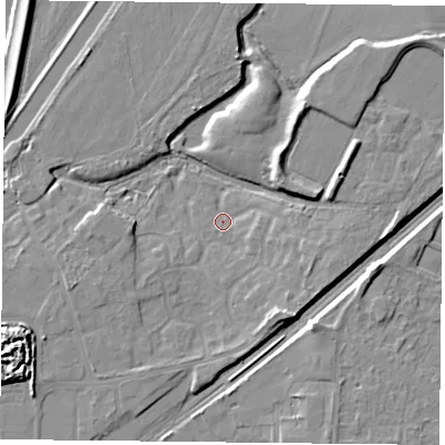 Shaded relief map of the ground around DN31SG, computed from Environment Agency LiDAR. The ground here sits at about 6 m above sea level and falls 11 m across the surrounding 800 m. Surface water reaching this point runs off ground lying to the north-east, 7.5 m higher.