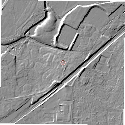 Shaded relief map of the ground around DN31SH, computed from Environment Agency LiDAR. The ground here sits at about 9 m above sea level and falls 8 m across the surrounding 800 m. Surface water reaching this point runs off ground lying to the south-east, 1.7 m higher.