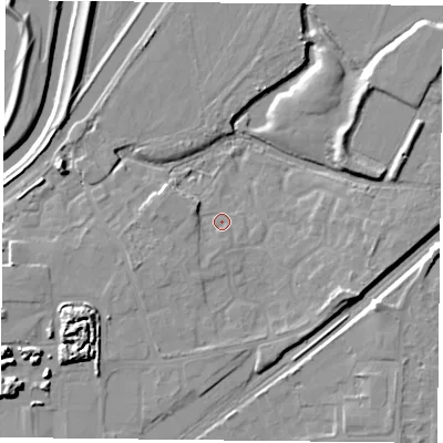 Shaded relief map of the ground around DN31SL, computed from Environment Agency LiDAR. The ground here sits at about 6 m above sea level and falls 12 m across the surrounding 800 m. Surface water reaching this point runs off ground lying to the north-east, 7.6 m higher.