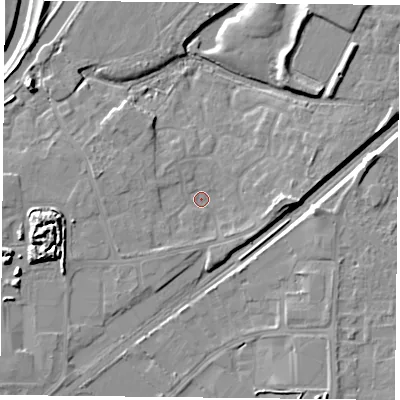 Shaded relief map of the ground around DN31SN, computed from Environment Agency LiDAR. The ground here sits at about 7 m above sea level and falls 11 m across the surrounding 800 m. Surface water reaching this point runs off ground lying to the west-north-west, 2.6 m higher.
