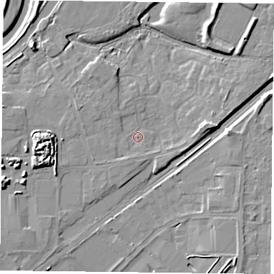 Shaded relief map of the ground around DN31SP, computed from Environment Agency LiDAR. The ground here sits at about 8 m above sea level and falls 11 m across the surrounding 800 m. Surface water reaching this point runs off ground lying to the south-south-west, 1.5 m higher.