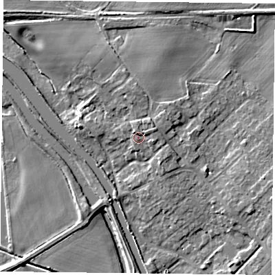 Shaded relief map of the ground around DN31SQ, computed from Environment Agency LiDAR. The ground here sits at about 9 m above sea level and falls 8 m across the surrounding 800 m. Surface water reaching this point runs off ground lying to the north, 2.0 m higher.