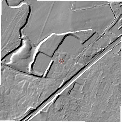 Shaded relief map of the ground around DN31SR, computed from Environment Agency LiDAR. The ground here sits at about 9 m above sea level and falls 8 m across the surrounding 800 m. Surface water reaching this point runs off ground lying to the south, 0.7 m higher.