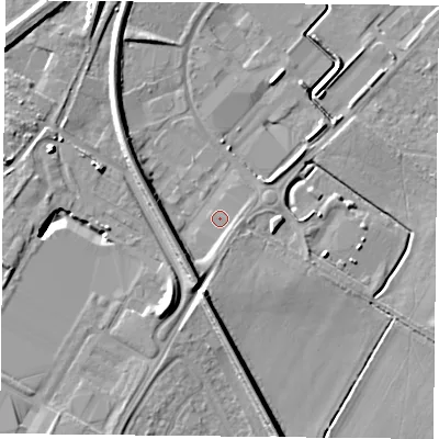 Shaded relief map of the ground around DN31TR, computed from Environment Agency LiDAR. The ground here sits at about 8 m above sea level and falls 10 m across the surrounding 800 m. Surface water reaching this point runs off ground lying to the south, 1.9 m higher.