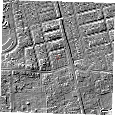 Shaded relief map of the ground around DN320AR, computed from Environment Agency LiDAR. The ground here sits at about 4 m above sea level and falls 6 m across the surrounding 800 m. Surface water reaching this point runs off ground lying to the south-west, 0.7 m higher.