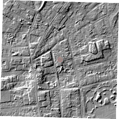 Shaded relief map of the ground around DN320BE, computed from Environment Agency LiDAR. The ground here sits at about 4 m above sea level and falls 7 m across the surrounding 800 m. Surface water reaching this point runs off ground lying to the north-east, 0.9 m higher.