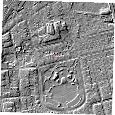 Shaded relief map of the ground around DN320DR, computed from Environment Agency LiDAR. The ground here sits at about 3 m above sea level and falls 7 m across the surrounding 800 m. Surface water reaching this point runs off ground lying to the north-west, 1.3 m higher.