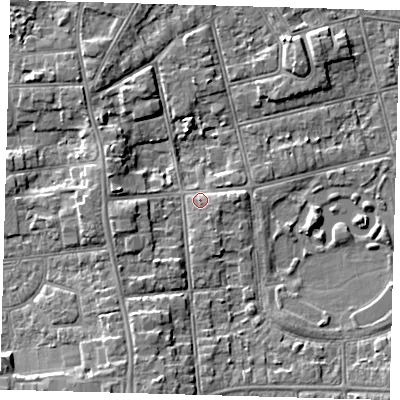 Shaded relief map of the ground around DN320DU, computed from Environment Agency LiDAR. The ground here sits at about 4 m above sea level and falls 7 m across the surrounding 800 m. Surface water reaching this point runs off ground lying to the east-south-east, 1.7 m higher.