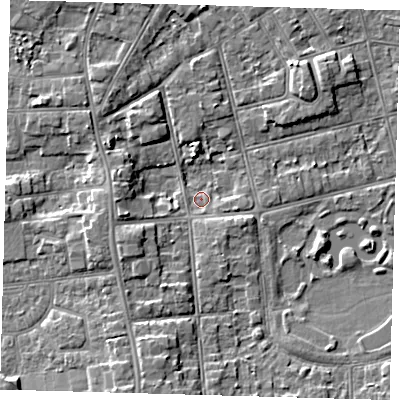 Shaded relief map of the ground around DN320DX, computed from Environment Agency LiDAR. The ground here sits at about 3 m above sea level and falls 6 m across the surrounding 800 m. Surface water reaching this point runs off ground lying to the south-south-west, 5.7 m higher.