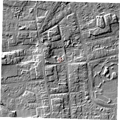 Shaded relief map of the ground around DN320DY, computed from Environment Agency LiDAR. The ground here sits at about 4 m above sea level and falls 6 m across the surrounding 800 m. Surface water reaching this point runs off ground lying to the south, 6.2 m higher.