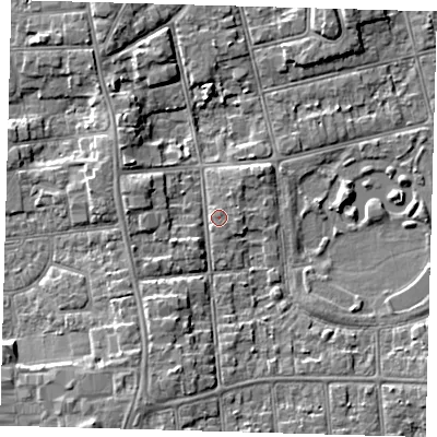 Shaded relief map of the ground around DN320DZ, computed from Environment Agency LiDAR. The ground here sits at about 5 m above sea level and falls 7 m across the surrounding 800 m. Surface water reaching this point runs off ground lying to the south-south-east, 0.9 m higher.