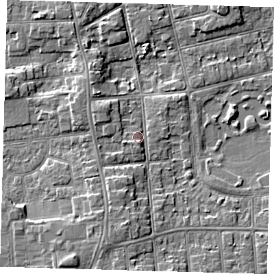 Shaded relief map of the ground around DN320EA, computed from Environment Agency LiDAR. The ground here sits at about 5 m above sea level and falls 7 m across the surrounding 800 m. Surface water reaching this point runs off ground lying to the south-south-west, 4.1 m higher.