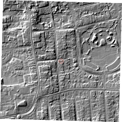 Shaded relief map of the ground around DN320ED, computed from Environment Agency LiDAR. The ground here sits at about 5 m above sea level and falls 7 m across the surrounding 800 m. Surface water reaching this point runs off ground lying to the south-south-west, 4.6 m higher.