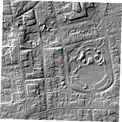 Shaded relief map of the ground around DN320EE, computed from Environment Agency LiDAR. The ground here sits at about 4 m above sea level and falls 7 m across the surrounding 800 m. Surface water reaching this point runs off ground lying to the south-south-west, 5.2 m higher.
