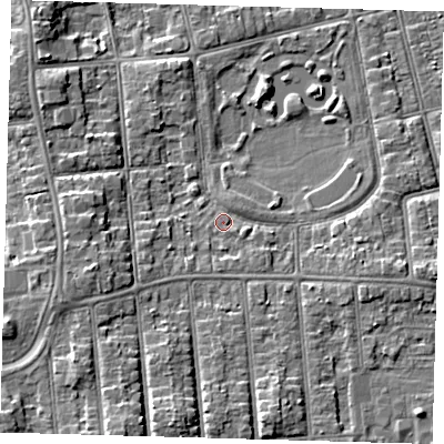 Shaded relief map of the ground around DN320EF, computed from Environment Agency LiDAR. The ground here sits at about 5 m above sea level and falls 8 m across the surrounding 800 m. Surface water reaching this point runs off ground lying to the south-east, 1.5 m higher.