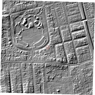 Shaded relief map of the ground around DN320EG, computed from Environment Agency LiDAR. The ground here sits at about 5 m above sea level and falls 8 m across the surrounding 800 m. Surface water reaching this point runs off ground lying to the south-south-west, 2.3 m higher.