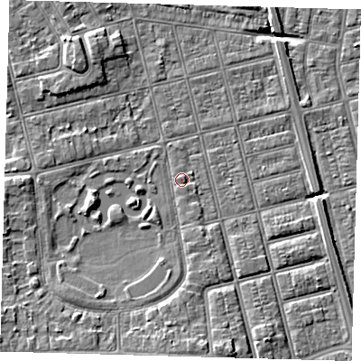 Shaded relief map of the ground around DN320EQ, computed from Environment Agency LiDAR. The ground here sits at about 3 m above sea level and falls 6 m across the surrounding 800 m. Surface water reaching this point runs off ground lying to the south, 3.4 m higher.
