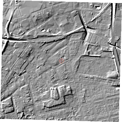 Shaded relief map of the ground around DN320ES, computed from Environment Agency LiDAR. The ground here sits at about 3 m above sea level and falls 12 m across the surrounding 800 m. Surface water reaching this point runs off ground lying to the west-north-west, 3.3 m higher.