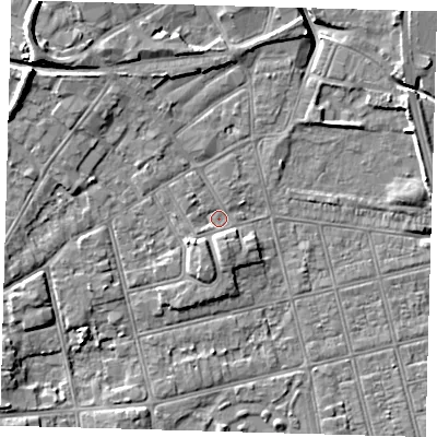 Shaded relief map of the ground around DN320EX, computed from Environment Agency LiDAR. The ground here sits at about 3 m above sea level and falls 10 m across the surrounding 800 m. Surface water reaching this point runs off ground lying to the south-west, 1.5 m higher.