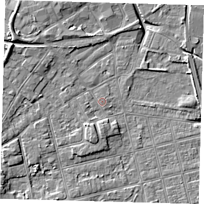 Shaded relief map of the ground around DN320EY, computed from Environment Agency LiDAR. The ground here sits at about 4 m above sea level and falls 10 m across the surrounding 800 m. The ground contributing surface water to this point lies to the west.