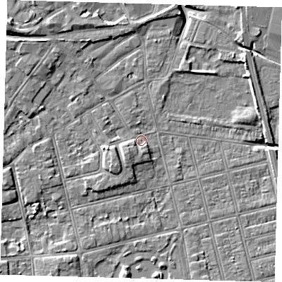 Shaded relief map of the ground around DN320EZ, computed from Environment Agency LiDAR. The ground here sits at about 3 m above sea level and falls 10 m across the surrounding 800 m. Surface water reaching this point runs off ground lying to the south-west, 3.4 m higher.