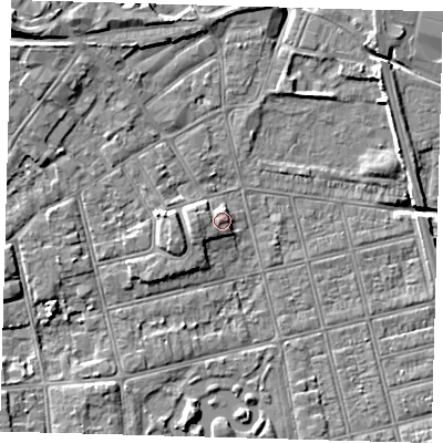 Shaded relief map of the ground around DN320HA, computed from Environment Agency LiDAR. The ground here sits at about 5 m above sea level and falls 9 m across the surrounding 800 m. Surface water reaching this point runs off ground lying to the west, 1.7 m higher.