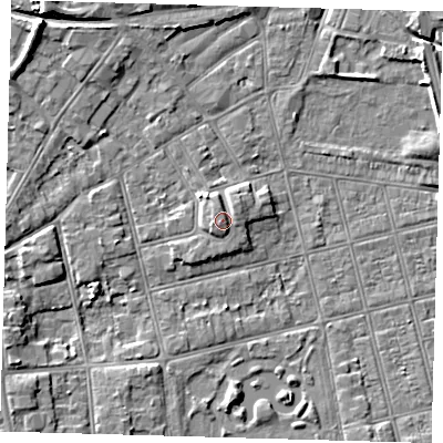 Shaded relief map of the ground around DN320HB, computed from Environment Agency LiDAR. The ground here sits at about 6 m above sea level and falls 9 m across the surrounding 800 m. Surface water reaching this point runs off ground lying to the south-west, 1.4 m higher.